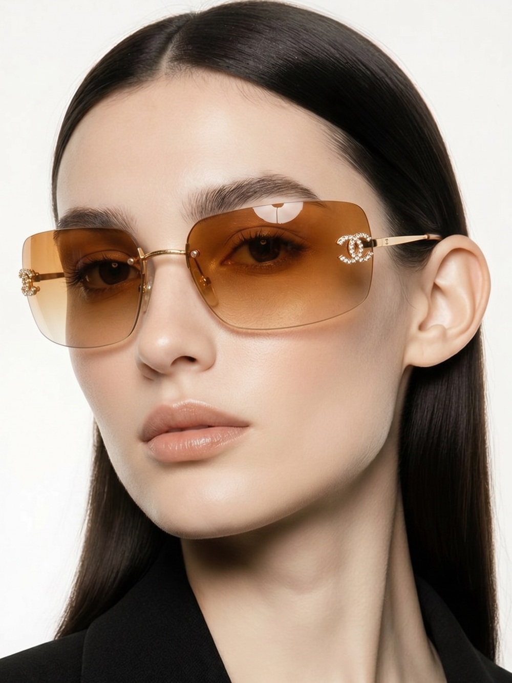 CHANEL Amber Lens Rimless Sunglasses with Gold Accents